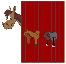 Cartoon of horse looking at saddles.